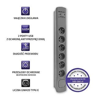 Qoltec Listwa antyprzepięciowa | 6 gniazd | 2xUSB | 1.8m | Szara