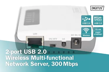 Digitus Serwer sieciowy wielofunkcyjny, bezprzewodowy 2-portowy, USB 2.0, 300Mbps