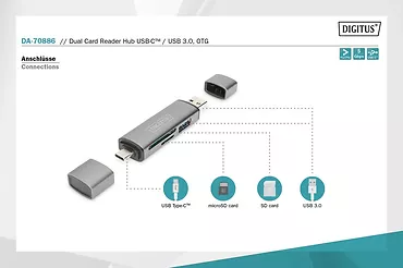 Digitus Czytnik kart 3-portowy USB Typ C/ USB 3.0 SuperSpeed SD Micro SD HQ  aluminium Szary