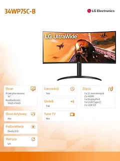 LG Electronics Monitor 34WP75C-B 34 cale 21:9 UltraWide QHD VA Curved
