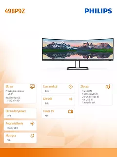 Philips Monitor 48.8 cali 498P9Z Curved VA HDMIx3 DP