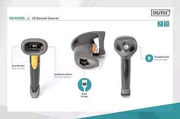 Digitus Czytnik kodów kreskowych, przewodowy USB-RJ45 2m, 1D, stojak w zestawie