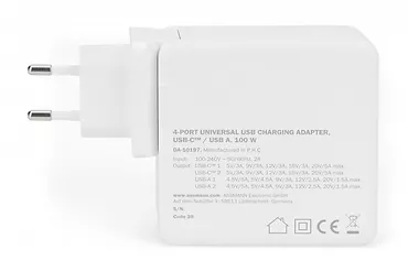 Digitus Uniwersalna 4-portowa ładowarka sieciowa 100W, 2x USB-C, 2x USB-A, PD 3.0 Biała