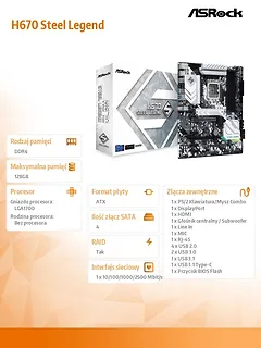 ASRock Płyta gł&oacute;wna H670 Steel Legend s1700 4DDR4 DP/HDMI M.2 ATX