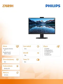 Philips Monitor 27 cali 276B9H IPS HDMI DP USB-C Pivot Kamera Głośniki