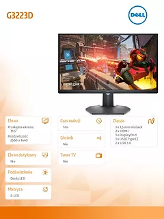 Dell Monitor G3223D 31,5" Gsync/FreeSync 165Hz IPS LED QHD (2560x1440)/16:9/DP/2xHDMI/USB-C/USB/3Y AES&PPG