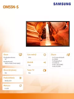 Samsung Monitor profesjonalny OM55N-S 55 cali Błyszczący 24h/7 4000(cd/m2) 1920x1080 (FHD) S6 Player (Tizen 4.0) Wi-Fi 3 lata d2d (LH55OMNESGBXEN)