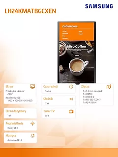 Samsung Monitor profesjonalny  SMART Signage KIOSK KM24A 24 cale Matowy, Dotykowa 16h/7 250(cd/m2) 1920 x 1080(FHD) S6 Player  3 lata d2d (LH24KMATBGCXEN)