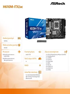 ASRock Płyta główna H610M-ITX/ac s1700 2DDR4 DP/HDMI M.2 mini-ITX
