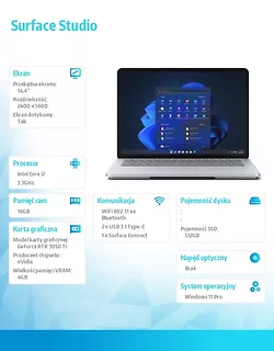 Microsoft Surface Laptop Studio Win11Pro i7-11370H/16GB/512GB/RTX3050Ti 4GB/14.4 cala Commercial Platinum ABR-00009