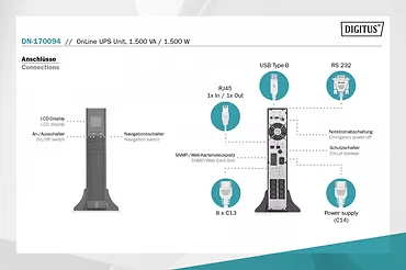 Digitus Zasilacz awaryjny UPS Online Rack 19" LCD, 1500VA/1500W, 3x12V/9Ah, 8xC13, USB, RS232, RJ45