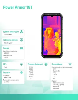 Smartfon Power Armor 18T 5G 12/256GB IP68/IP69K 9600mAh DualSIM Kamera Termowizyjna Czarny
