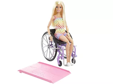 Lalka Barbie na wózku inwalidzkim strój w kratkę HJT13