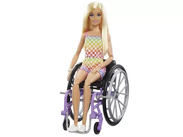 Lalka Barbie na wózku inwalidzkim strój w kratkę HJT13