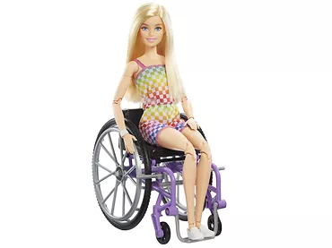 Lalka Barbie na wózku inwalidzkim strój w kratkę HJT13
