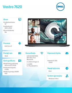 Notebook Vostro 7620 Win11Pro i7-12700H/16GB/512GB SSD/16.0 3K/GeForce RTX 3050/Cam & Mic/WLAN + BT/Backlit Kb/3 Cell/3Y ProSupport