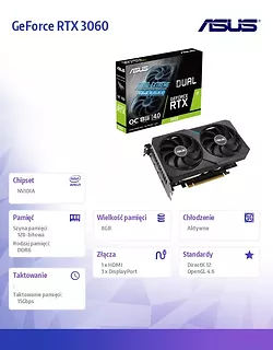Karta graficzna GeForce RTX 3060 DUAL OC 8GB GDDR6 128bit 3DP/HDMI