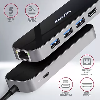 HMC-6GL Wieloportowy hub 3x USB-A, HDMI, RJ-45, USB 3.2 Gen 1 hub, PD 100W 20cm USB-C kabel