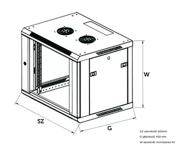 Szafka wisząca rack 9U 600x450 szara metalowe drzwi