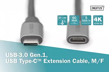 Kabel przedłużający USB 3.0 60W/5Gbps Typ USB C/USB C M/Ż 1m Czarny