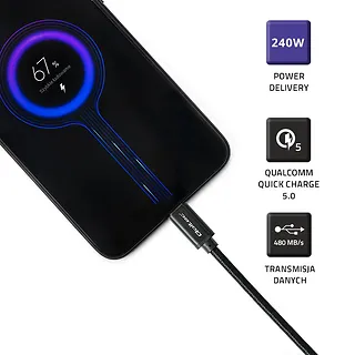 Kabel USB 2.0 typ C | USB 2.0 typ C 240W | QC 5.0 | PD | 1m |    Czarny