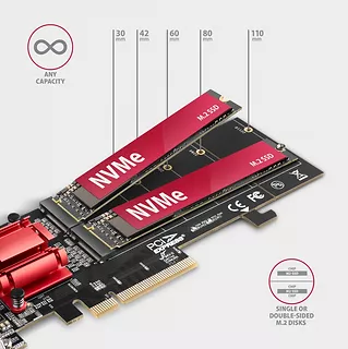 PCEM2-ND Kontroler PCIe x 8, 2x slot M.2 NVMe M-key RAID wsparcie dla płyt bez bifurkacji, w zestawie, SP & LP