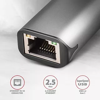 ADE-25RC Karta sieciowa 2.5 Gigabit Ethernet, Realtek 8156, USB-C 3.2 Gen 1, automatyczna instalacja, szara