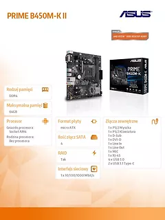 Płyta główna PRIME B450M-K II AM4 2D DR4 DVI/DSUB/USB3.1/M.2 mATX