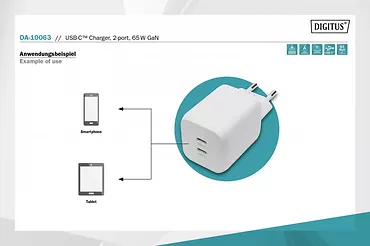 Ładowarka sieciowa, zasilacz GaN 2x USB-C PD 3.0 max. 65W, biała