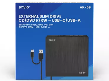 Zewnętrzna nagrywarka typu slim SAVIO AK-59  CD/DVD R/RW – USB-C/USB-A