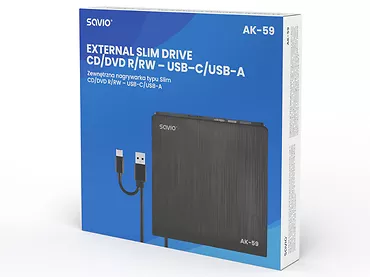 Zewnętrzna nagrywarka typu slim SAVIO AK-59  CD/DVD R/RW – USB-C/USB-A