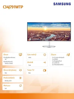 Monitor 34 cale LC34J791WTPXEN VA 3440x1440 Ultra WQHD 21:9 1xHDMI/1xDP/2xThunderbolt 3.0 4 ms (GTG) głośniki zakrzywiony biały HAS 100Hz 2Yd2d