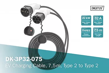 Kabel do ładowania pojazdów elektrycznych, Typ2-Typ2, trójfazowy 415V, 32A, 7.5m