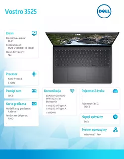 Notebook Vostro 3525 Win11Pro Ryzen 5 5500U/16GB/512GB SSD/15.6 FHD/AMD Radeon/FgrPr/Cam & Mic/WLAN + BT/Backlit Kb/3 Cell/3Y ProSupport