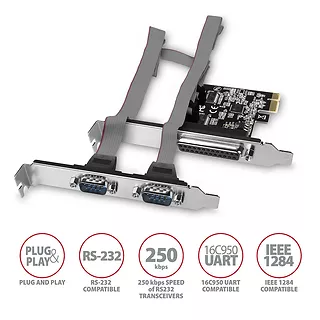 PCEA-PSN Kontroler PCIe 1x port równoległy LPT + 2x port szeregowy RS232 250 kbps, w zestawie SP & LP