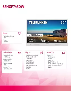 Telewizor 32 cale LED 32HGP7450W, wbudowany akumulator