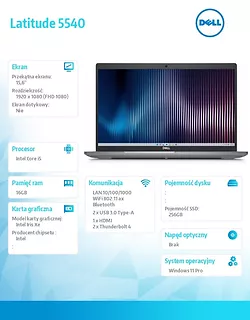 Notebook Latitude 5540 Win11Pro i5-1335U/16GB/256GB SSD/15.6 FHD/Integrated/FgrPr & SmtCd/FHD/IR Cam/Mic/WLAN + BT/Backlit Kb/3 Cell/3Y ProSupport