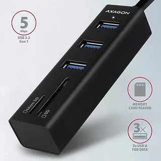 HMA-CR3A Wieloportowy hub 3x USB-A + SD/microSD, USB3.2 Gen 1 hub, metalowy, 20cm USB-A kabel