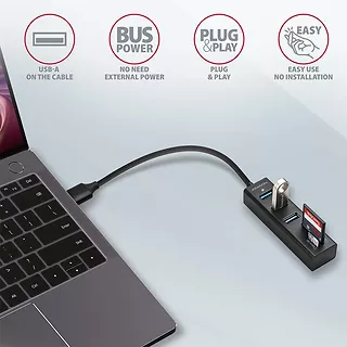 HMA-CR3A Wieloportowy hub 3x USB-A + SD/microSD, USB3.2 Gen 1 hub, metalowy, 20cm USB-A kabel