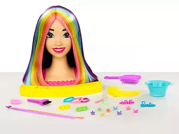 Barbie Głowa Do Stylizacji Neonowa Tęcza Czarne włosy + akcesoria HMD81