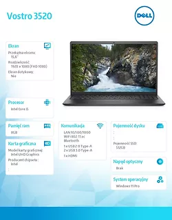 Dell Notebook Vostro 3520 Win11Pro i5-1235U/8GB/512GB SSD/15.6 FHD/Intel UHD/FgrPr/Cam & Mic/WLAN + BT/Backlit Kb/3 Cell/3YPS