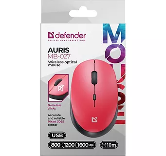 Defender Mysz bezprzewodowa silent click AURIS MB-027 800/1200/1600 DPI czerwona