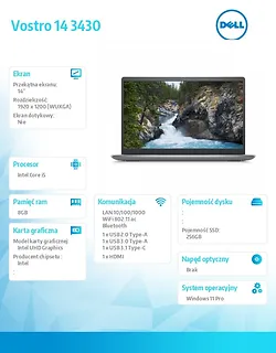 Dell Notebook Vostro 14 (3430) Win11Pro i5-1335U/8GB/256GB SSD/14.0 FHD/Intel UHD/FgrPr/Cam & Mic/WLAN + BT/Backlit Kb/3 Cell/3YPS Aluminium
