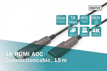 Digitus Kabel hybrydowy AOC HDMI 2.0 Premium High Speed Ethernet 4K60Hz UHD HDMI D/A HDMI D/A M/M z odłączanym wtykiem, 15m, Czarny
