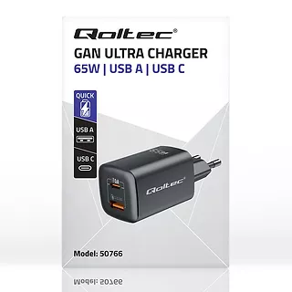 Qoltec Ładowarka sieciowa 65W GaN ULTRA | 5-20V | 2.25-3.25A | 1 x USB  typ C PD | 1 x USB | Czarna