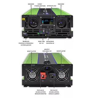 Qoltec Przetwornica napięcia Monolith | ładowanie baterii | UPS | 2500W | 5000W | 12V na 230V | Czysty Sinus | LCD