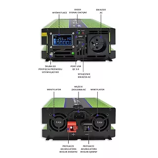 Qoltec Przetwornica napięcia Monolith | ładowanie baterii | UPS | 1000W | 2000W | 12V na 230V | Czysty Sinus | LCD