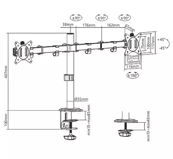 Gembird Ramię dla dwóch monitorów biurkowe  (regulowane), 17 cale- 32 cale, do 9kg