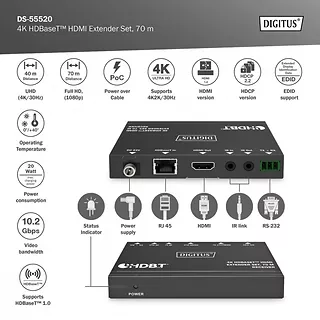 Digitus Przedłużacz/Extender HDMI 4K 30Hz 70m po skrętce Cat.6/7/8 HDBaseT HDCP2.2 IR RS232 PoC, zestaw