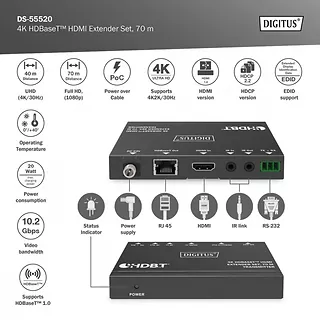 Digitus Przedłużacz/Extender HDMI 4K 30Hz 70m po skrętce Cat.6/7/8 HDBaseT HDCP2.2 IR RS232 PoC, zestaw